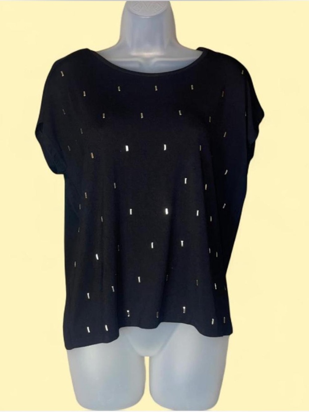 Rafaella Black Short Sleeve Top with 3D Mini Gold Bar Accents All Over